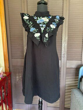 ASOS black floral shift with embellished embroidereshoulders and standing collar